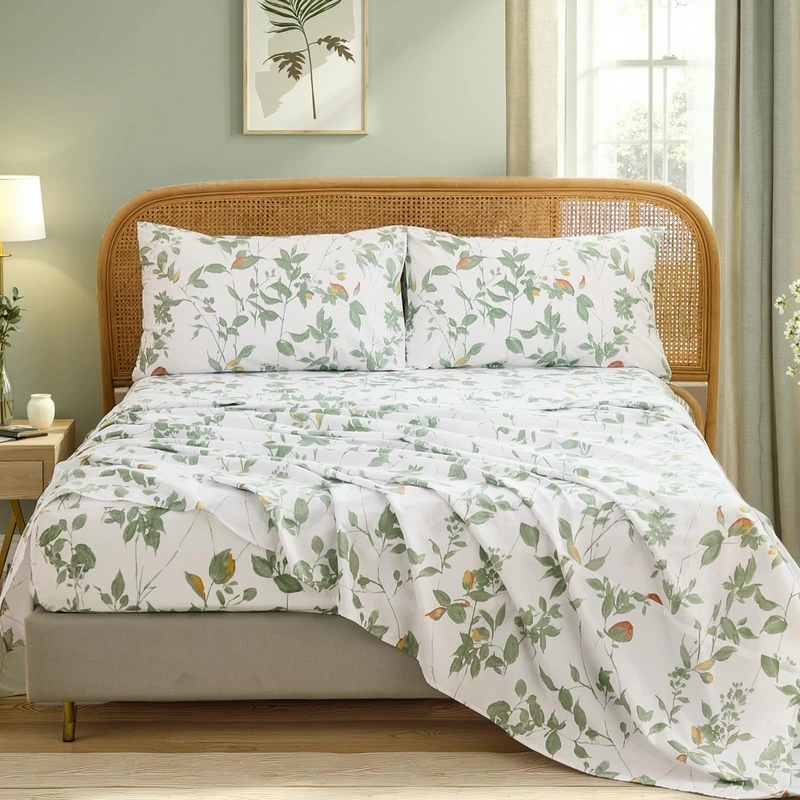 Cozaline 100% Cotton Sheets Set Queen Size – 4 Pieces Luxury Breathable Percale Cotton Bedding with Deep Pockets, Crisp Cool Feeling, Soft&Durable, Refined Botanical Elegance, Green Floral Bed Sheets
