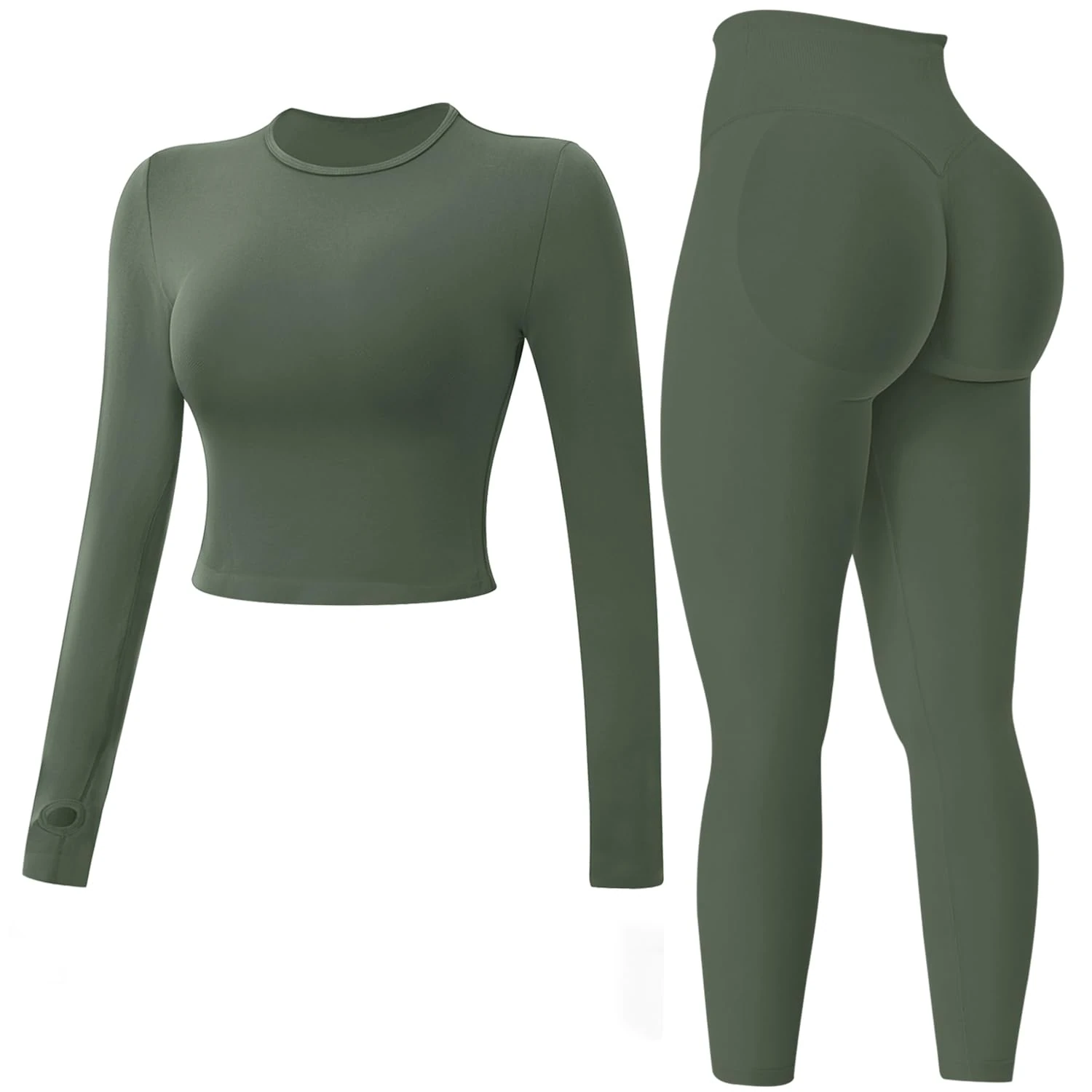 Seamless Gym Sets for Women 2 Piece Long Sleeve Top Hidden Scrunch Leggings Yoga Outfits Tracksuit