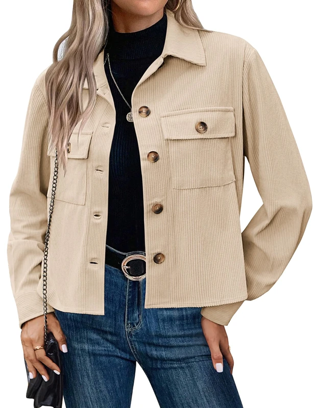 HOTOUCH Corduroy Jacket Women Cropped Shacket Casaul Button Down Long Sleeves Fall Jacket Coats Loose Short Jackets for Women Beige Size 8