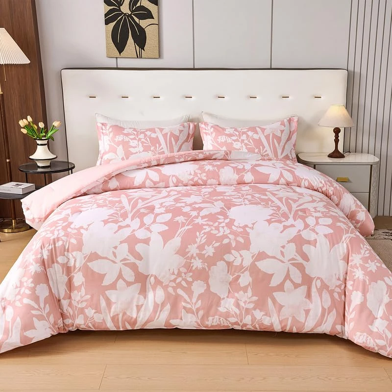 Koniroom Blush Pink Floral Comforter Set Queen – 3 Piece Boho Chic Botanical Bedding with 1 Soft Comforter and 2 Pillow Shams, Lightweight All Season Microfiber Bed Set for Women Girls