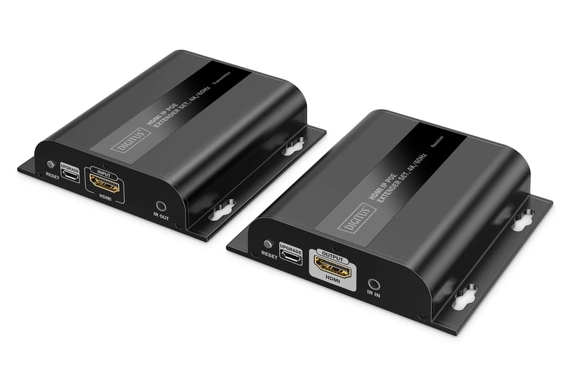 Digitus HDMI IP PoE Extender Set - UHD 4k 60Hz - HDMI 2.0 - Range up to 200m - Transmitter and Receiver - Up to 253 Receivers - CAT 6 - Black