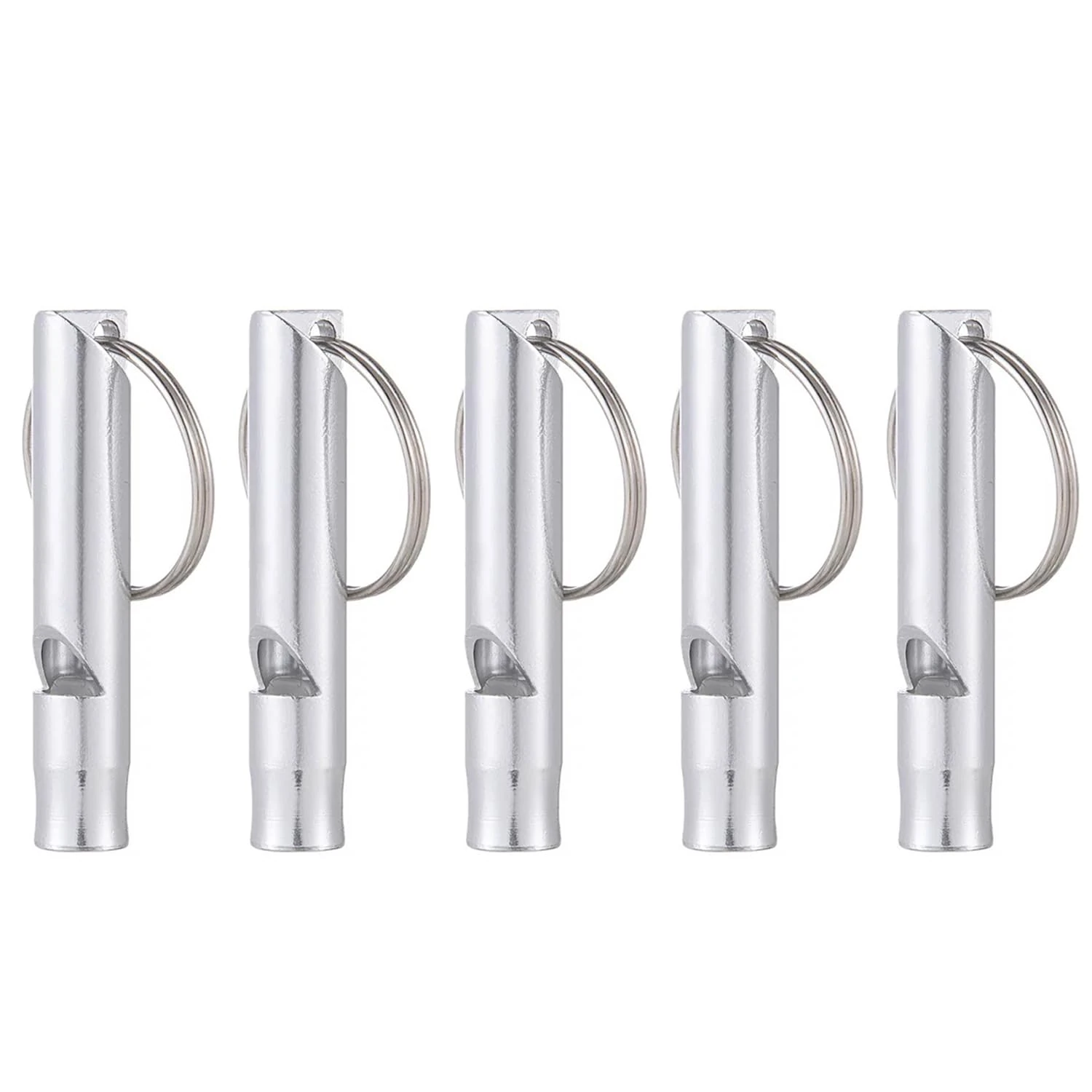 Set of 5 Extra Loud Whistles for Camping Hiking Hunting Outdoors Sports and Emergency Situations, Sturdy but Light Aluminium Key Chain Signals