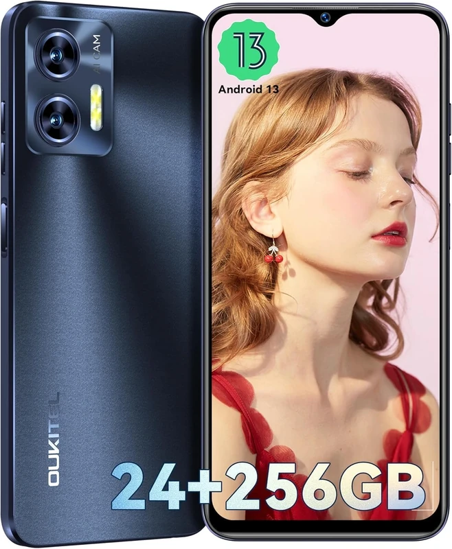 OUKITEL C35 Android Smartphone Unlocked-24GB RAM + 256GB ROM，6.56” HD+ Display, 50MP+8MP Camera, Dual SIM 4G LTE Cell Phone, 5150mAh Battery, Face ID, Fingerprint – Black