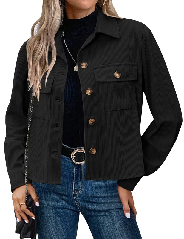 HOTOUCH Jackets for Women Button Up Short Casual Jackets Ladies Light Bomber Jacket Cropped Corduroy Jacket Outdoor Coat Shacket Black Size 8
