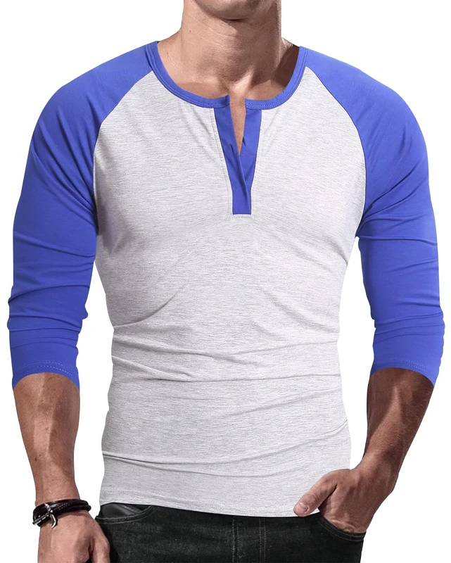 Generic Men's V-Neck 3/4 Sleeve Baseball Tee - White/Blue, XXL