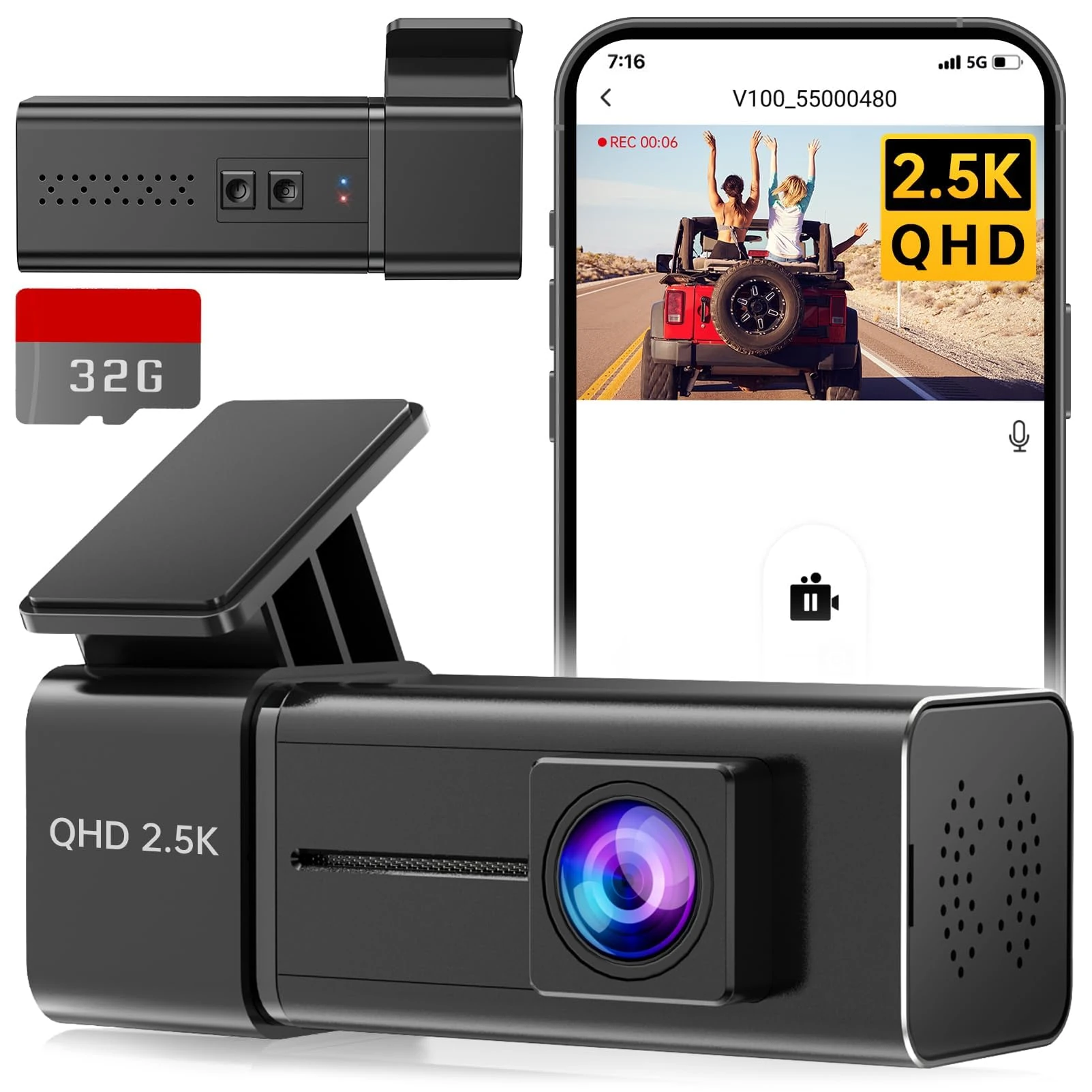 Dash Cam Front WiFi 2.5K 1440P Car Camera, Mini Dash Camera for Cars, Dashcams with App, Night Vision, 24H Parking Mode, G-Sensor, Loop Recording, 32G Card, Support 256GB Max