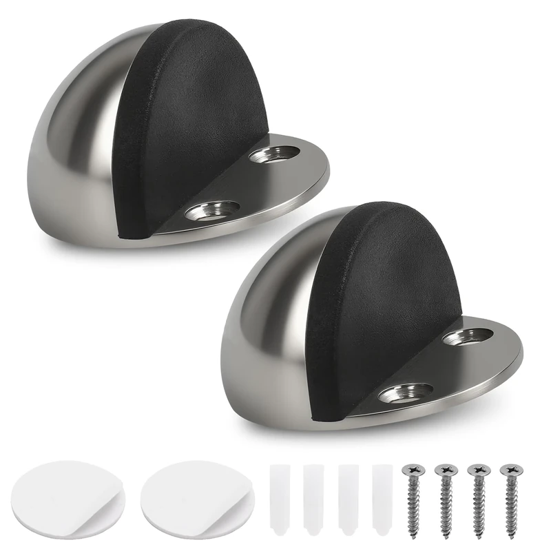 Self-Adhesive Door Stoppers for Floor, Floor Door Stop Mounted Half Moon, Oval Stainless Steel Floor Door Stoppers, with Screws and self-Adhesive with Glue for Hard Floor Glass(Silver,2 Pcs)