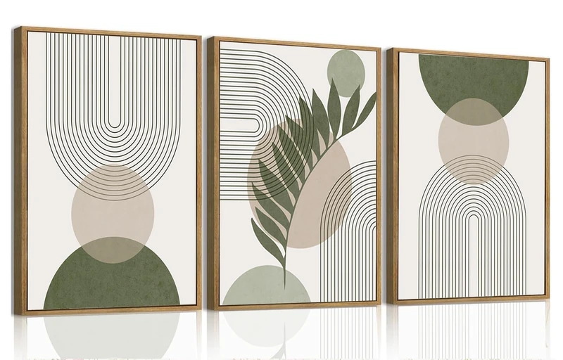 Bwodke Boho Wall Art, Framed Abstract Wall Art, Sage Green Canvas Wall Decor, Mid Century Line Leaf Geometric Pictures Set of 3, Minimalist Paintings, for Bedroom Living Room Bathroom 16"x24"