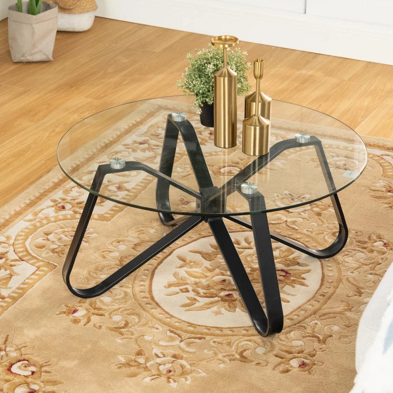FurnitureR Living Room Table Furniture Round Minimalist Tempered Glass Table with Smooth Rounded Edges Metal Legs, for Home, Living Room, Patio, Garden, 80 x 80 x 40 cm