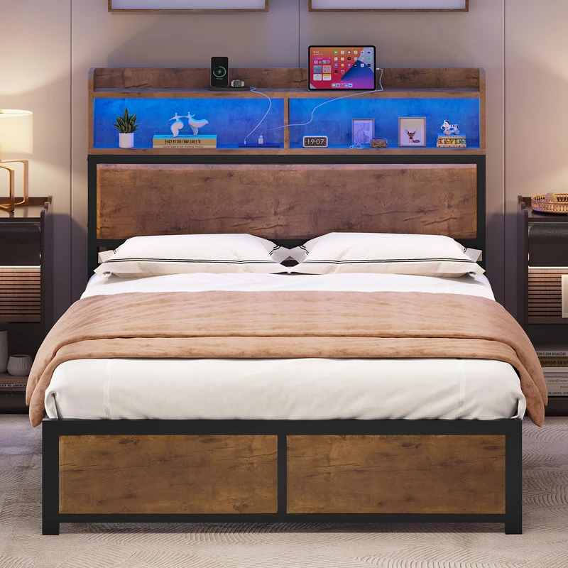 YITAHOME Bed Frame,LED with Headboard,USB Ports & Charging Outlets,Metal Platform Bed Frame with 2 Tiers Storage Shelves, No Box Spring Needed Double Size