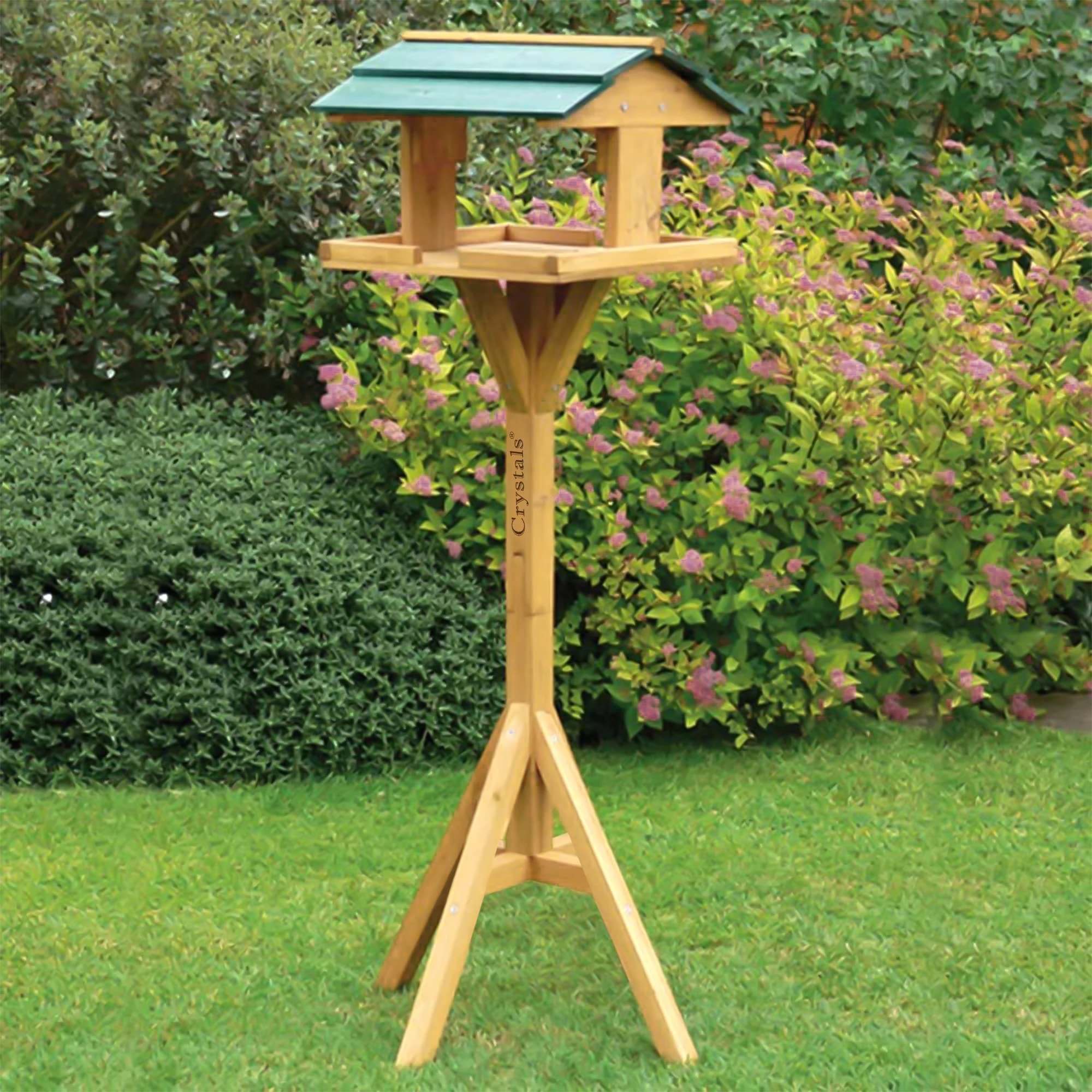 Crystals Freestanding Wooden Bird Feeding Table – Tall Outdoor Birds Feeder Station for Garden & Patio, Heavy Duty Rustic Wood Bird House for Wild Birds, Sturdy Weatherproof Feeder Stand