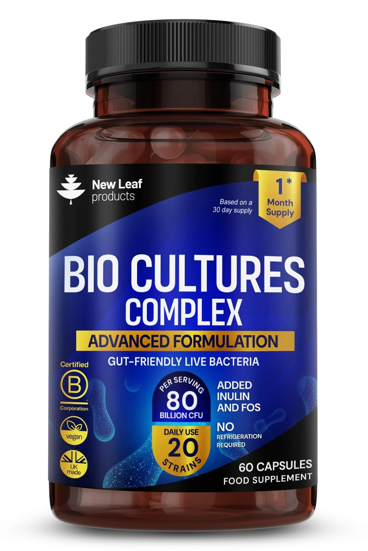 Probiotics & Prebiotics Complex – 80 Billion CFU – 20 Live Strains Including Lactobacillus Acidophilus & Casei – High Strength Bio Cultures Prebiotic & Probiotic Supplement for Women & Men 60 Capsules
