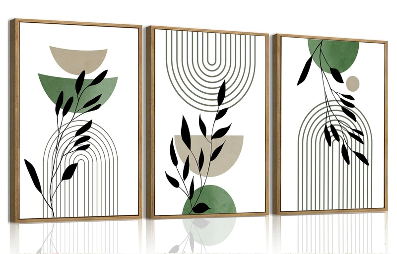 Bwodke Boho Wall Art, Framed Abstract Wall Art, Line Plants Leaf Canvas Wall Decor, Mid Century Sage Green Geometric Pictures Set of 3, Minimalist Paintings, for Bedroom Living Room Bathroom 16"x24"