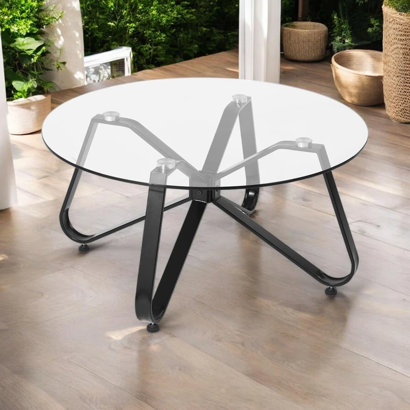 FurnitureR Garden Coffee Tables, Minimalist Round Tempered Glass Table with Smooth Rounded Edges, Metal Legs, Outdoor Coffee Table in Garden and Patio, 80 x 80 x 40 cm