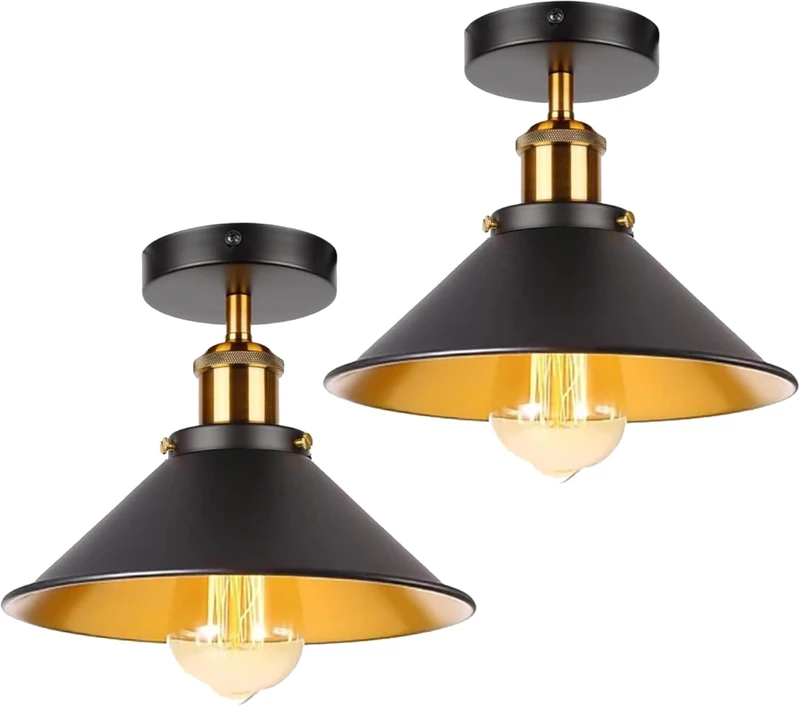 LEDSone 2 Pack Vintage Ceiling Light Semi Flush Mount Black Inner Gold Ceiling Light Fixture Metal Cone Pendant Ceiling Lampshade with E27 Holder for Living Room Kitchen Bedroom Hallway