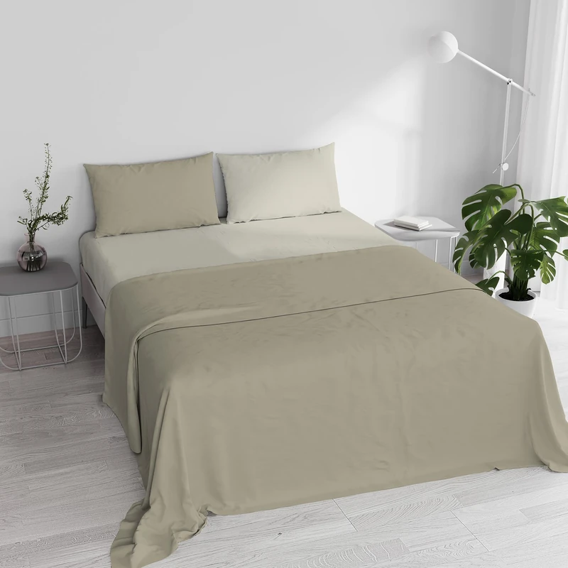 Double Bed Sheet Set, 100% Natural Cotton, Made in Italy – Complete Bed Set, Fitted Sheet, Top Sheet 240 x 300 cm and Pillowcases with Inner Flap, Taupe/Cream