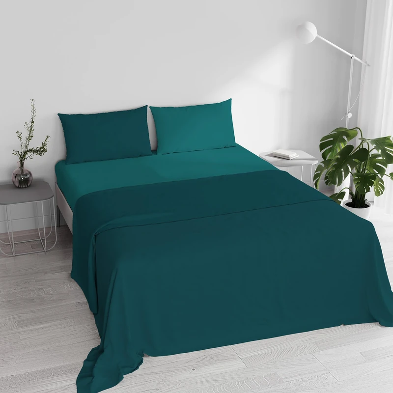 Double Bed Sheet Set, 100% Natural Cotton, Made in Italy – Complete Bed Set, Fitted Sheet, Top Sheet 240 x 300 cm and Pillowcases with Inner Flap, Petrol Green/Bottle Green - Image 1