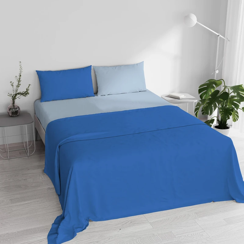 Double Bed Sheet Set, 100% Natural Cotton, Made in Italy – Complete Bed Set, Fitted Sheet, Top Sheet 240 x 300 cm and Pillowcases with Inner Flap, Royal/Blue