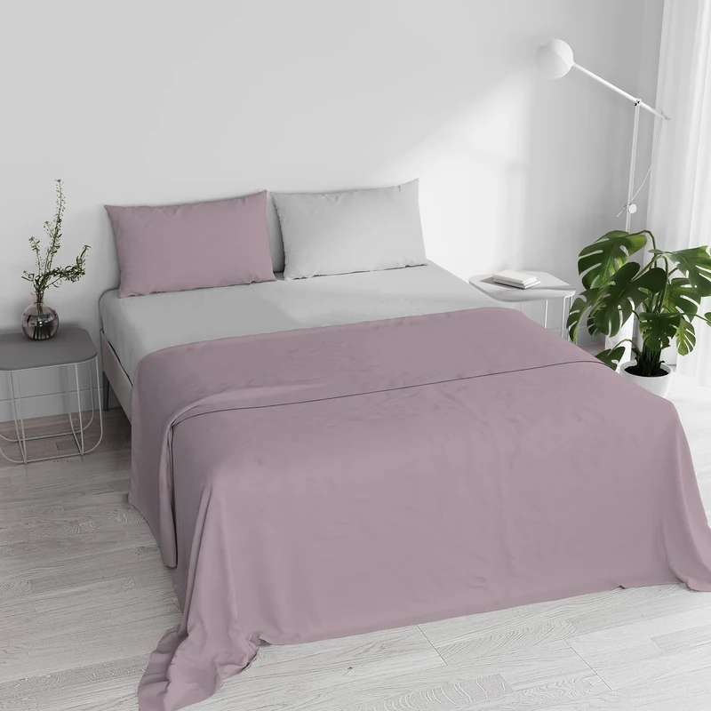 Double Bed Sheet Set, 100% Natural Cotton, Made in Italy – Complete Bed Set, Fitted Sheet, Top Sheet 240 x 300 cm and Pillowcases with Inner Flap, Antique Pink/Light Grey