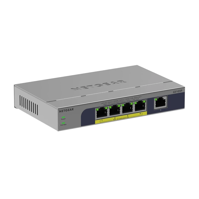 NETGEAR 5-Port Gigabit Ethernet Unmanaged PoE+ Switch - with 4 x PoE+ @ 63W, Dynamic PoE, Fanless, Desktop or Wall Mount (GS105P)