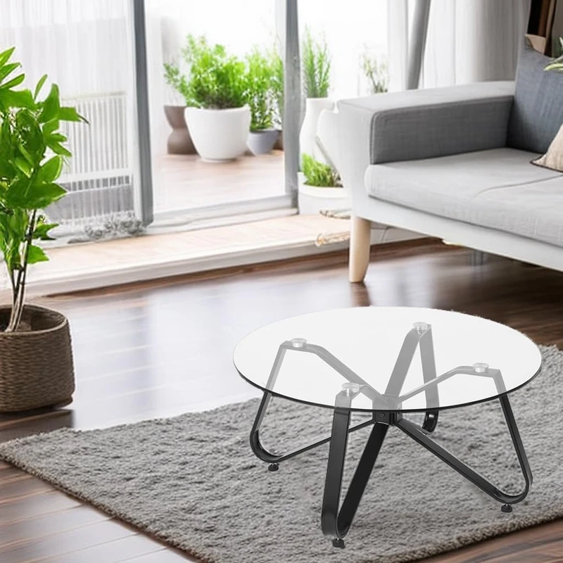 FurnitureR Coffee Tables, Round Minimalist Tempered Glass Table with Smooth Rounded Edges, Metal Legs, for Home, Living Room, Patio, Garden, 80 x 80 x 40 cm - Image 1