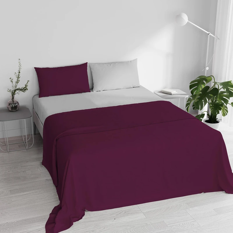 Double Bed Sheet Set, 100% Natural Cotton, Made in Italy – Complete Bed Set, Fitted Sheet, Top Sheet 240 x 300 cm and Pillowcases with Inner Flap, Plum/Light Grey