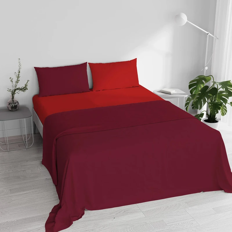 Double Bed Sheet Set, 100% Natural Cotton, Made in Italy – Complete Bed Set, Fitted Sheet, Top Sheet 240 x 300 cm and Pillowcases with Inner Flap, Burgundy/Red