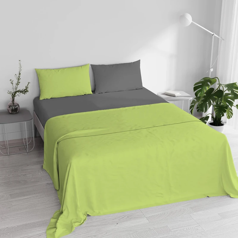 Double Bed Sheet Set, 100% Natural Cotton, Made in Italy – Complete Bed Set, Fitted Sheet, Top Sheet 240 x 300 cm and Pillowcases with Inner Flap, Acid Green/Dark Grey