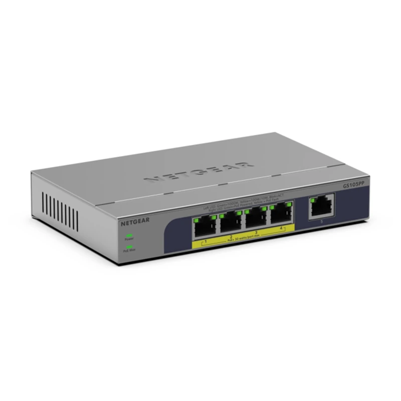 NETGEAR 5-Port Gigabit Ethernet Unmanaged PoE+ Switch - with 4 x PoE+ @ 83W, Dynamic PoE, Fanless, Desktop or Wall Mount (GS105PP)