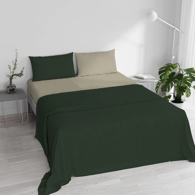 Double Bed Sheet Set, 100% Natural Cotton, Made in Italy – Complete Bed Set, Fitted Sheet, Top Sheet 240 x 300 cm and Pillowcases with Inner Flap, Olive Green/Taupe - Image 1