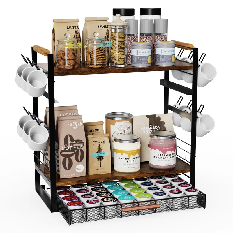 Coffee Bar Station Organizer for Countertop - 32 Pod for K Cup Holder with Drawer, 4 Tier Coffee Bar Accessories Mug Holder with 12 Hooks, for Bean, Milk, Tea Bag, Syrup Pack
