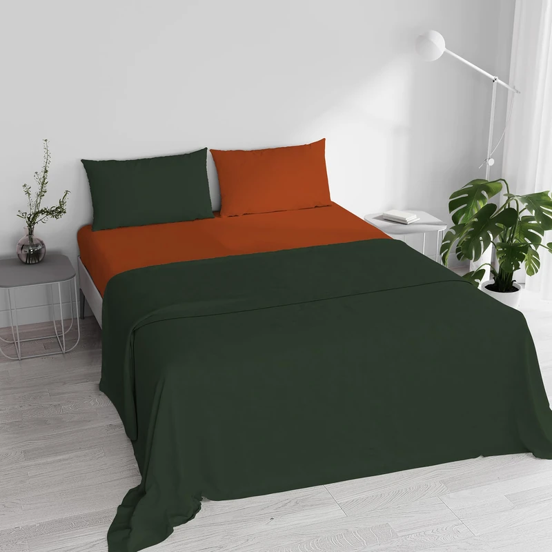 Double Bed Sheet Set, 100% Natural Cotton, Made in Italy – Complete Bed Set, Fitted Sheet, Top Sheet 240 x 300 cm and Pillowcases with Inner Flap, Olive Green/Terra