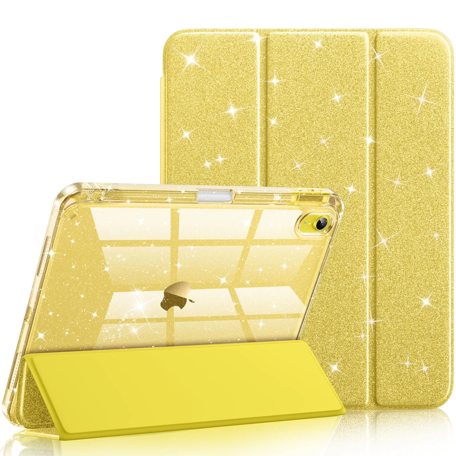 drivego Case for iPad (A16) 11th Generation 11 Inch 2025/10th Generation 10.9 Inch 2022 with Pencil Holder, Sparkly Slim Protective Cover with Hard PC Clear Back Shell,Support Touch ID, Yellow