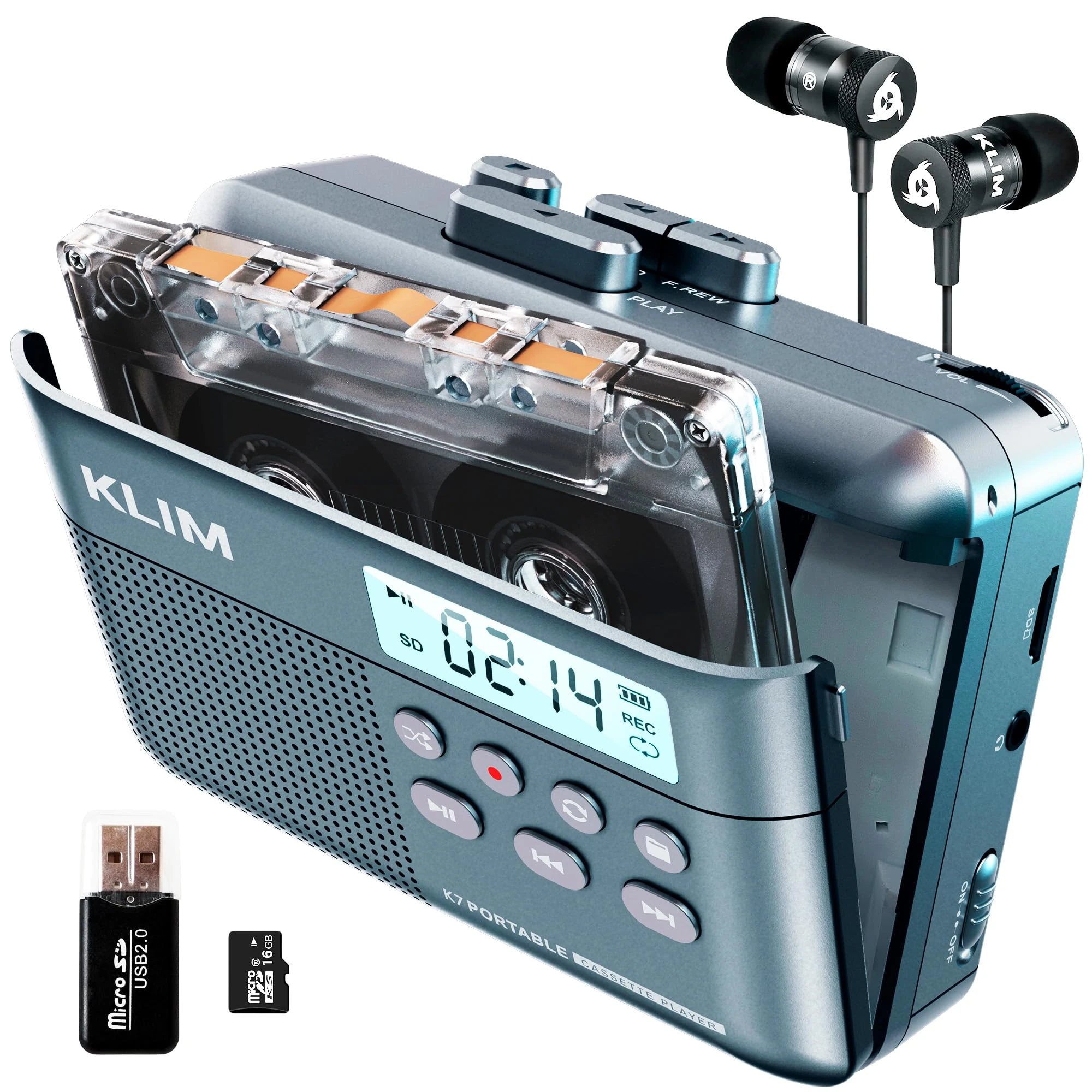 KLIM K7 Cassette Tape Player - Cassette to MP3 Converter - Portable Cassette Player - Tape Recorder with Built-in Microphone & Speaker - Rechargeable Battery - Earphones - 16GB SD Card - Blue