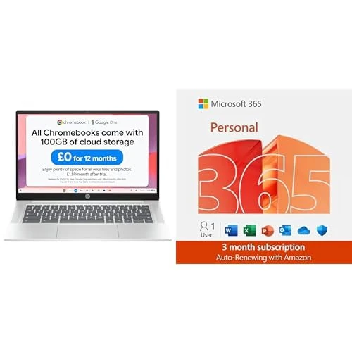HP Chromebook 14" | Intel N100 Processor | 4 GB RAM | 128 GB Flash Storage | HD Display | Chrome OS + Microsoft 365 Personal | 3 Months | 1TB cloud storage | AI Office Apps