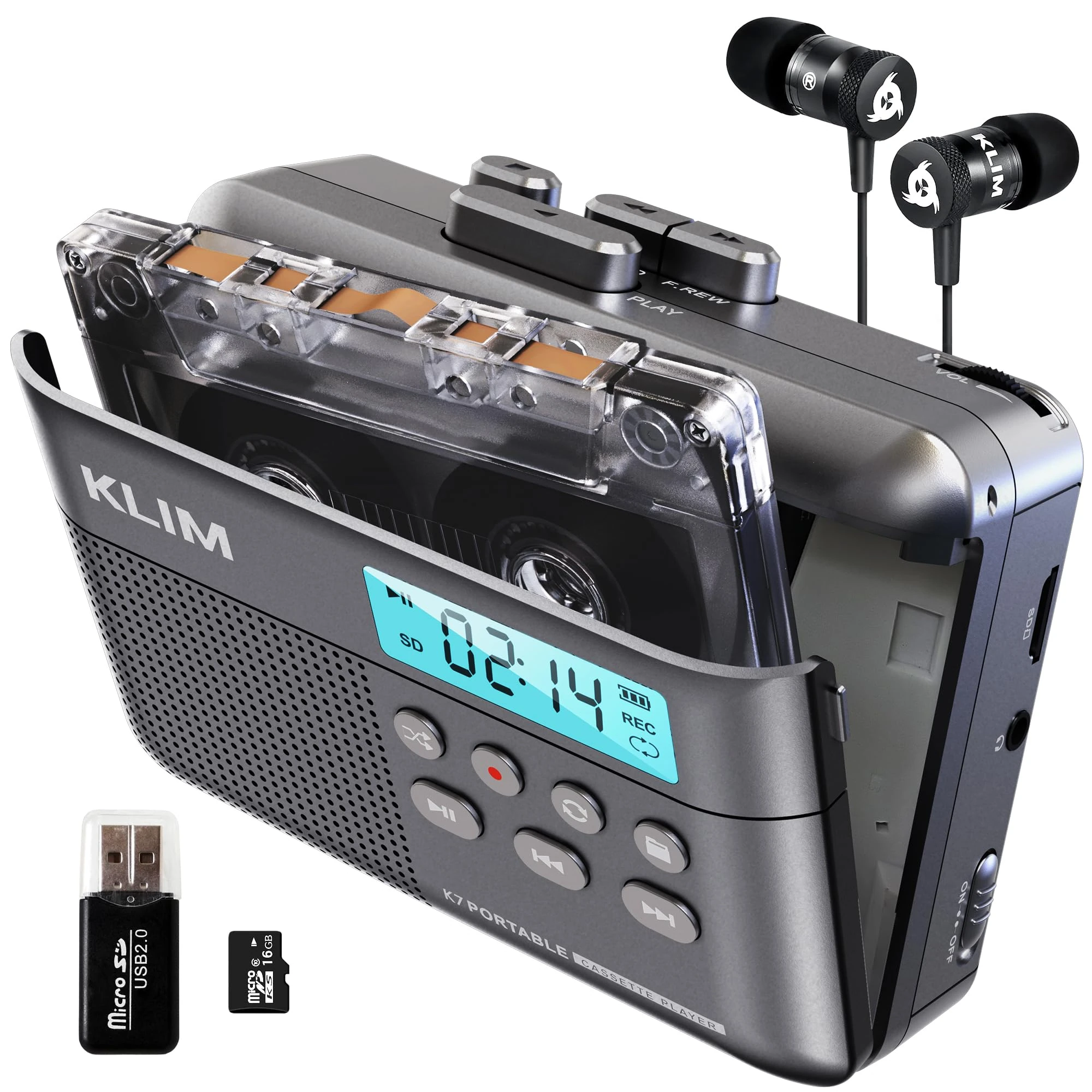 KLIM K7 Cassette Tape Player - Cassette to MP3 Converter - Portable Cassette Player - Tape Recorder with Built-in Microphone & Speaker - Rechargeable Battery - Earphones - 16GB SD Card - Ash