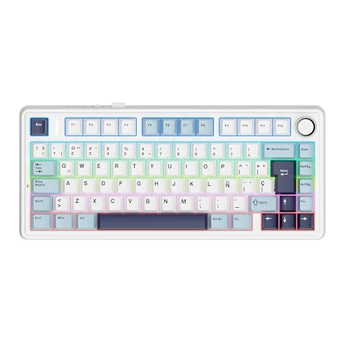 EPOMAKER Aula F75 ISO-ES Spanish Mechanical Keyboard with Knob, Wireless Gaming Keyboard, BT/2.4G/USB, Creamy Gasket, RGB Backlight, Hot-Swap, 75%, PBT Keycap (Blue White)