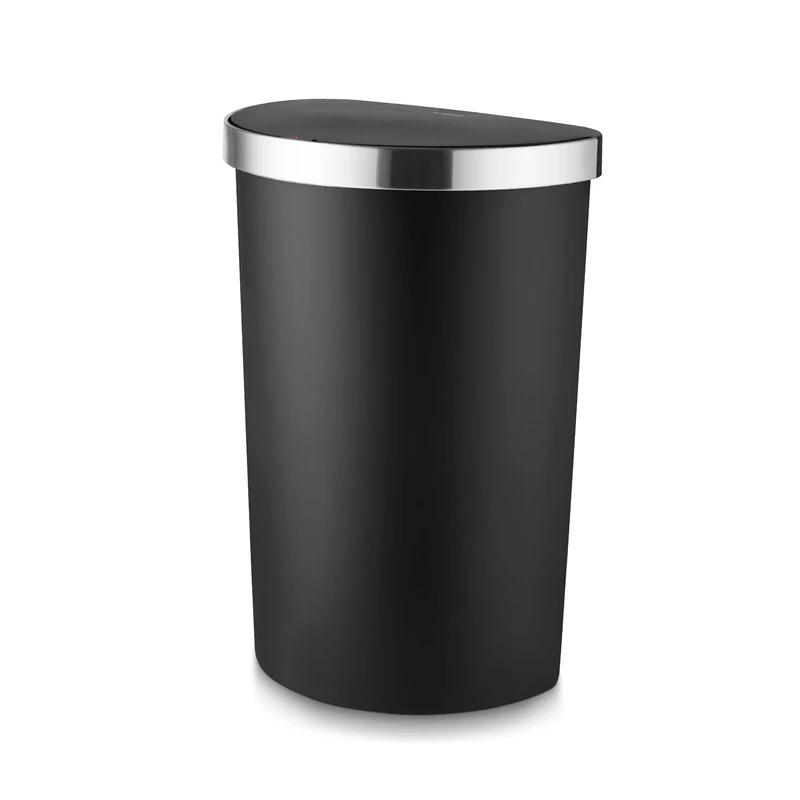 Tower Curved Sensor Bin with Bin Liner Retainer Ring, Durable PP Body, Battery Operated, 50L, Black with Stainless Steel Trim on Lid