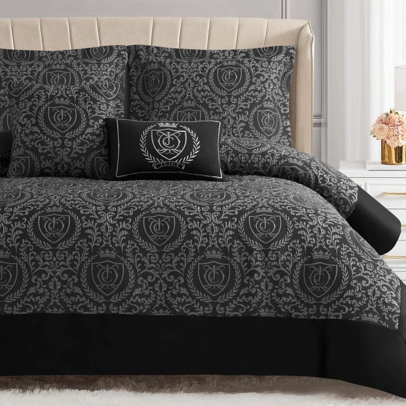 Juicy Couture Dovona Bedding Set 5-Piece Full/Queen Comforter Set, Black