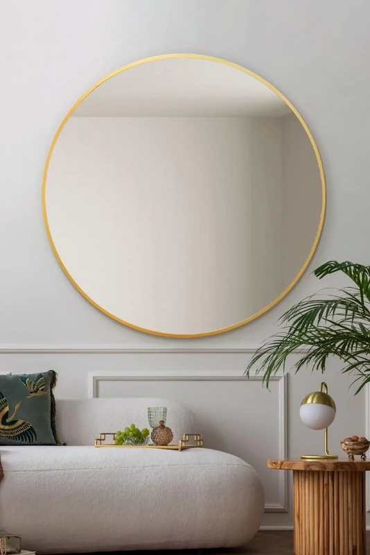 MirrorOutlet The Fenestra - Gold edged Modern Round Circular Wall Mirror 47" X 47" (120CM X 120CM) Silver Mirror Glass with Black Metal Frame