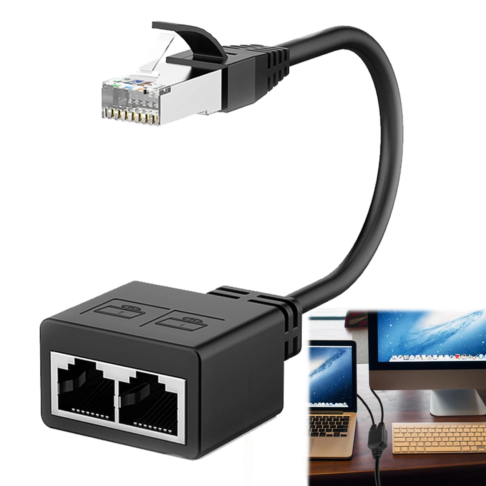 RJ45 Ethernet Splitter 1 to 2, 1 Male to 2 Female Ethernet Cable Splitter Adapter, RJ45 Network Transfer Adapter, 1 Male to 2 Female LAN Connector for Cat5, Cat6, Cat7, Cat8, for Home and Office Use