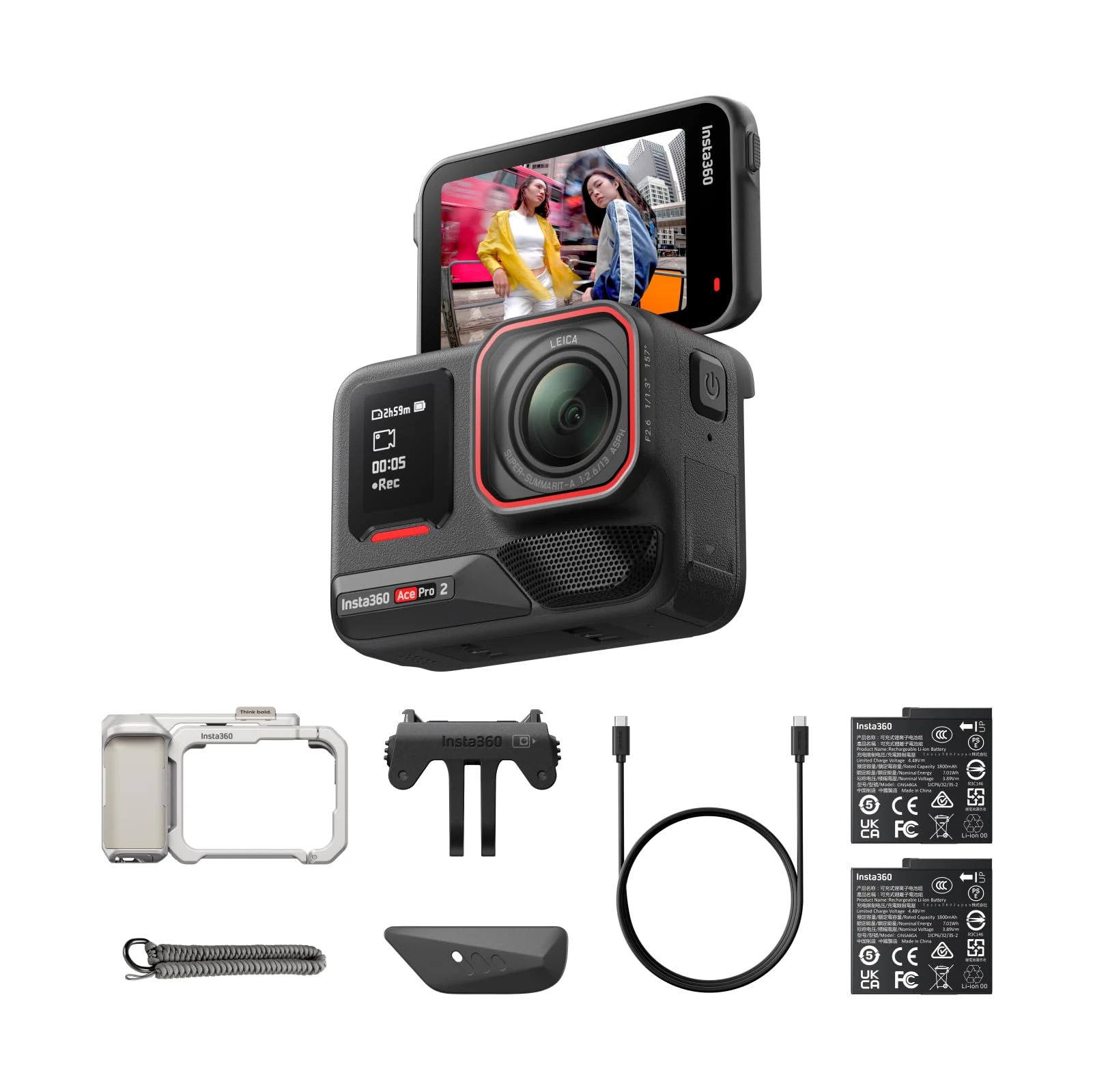 Insta360 Ace Pro 2 Xplorer Bundle Moonlight Silver - 8K Waterproof Action Camera Co-Engineered with Leica, 1/1.3" Sensor, Dual AI Chip, Leading Low Light, Street Photography, Dual Battery