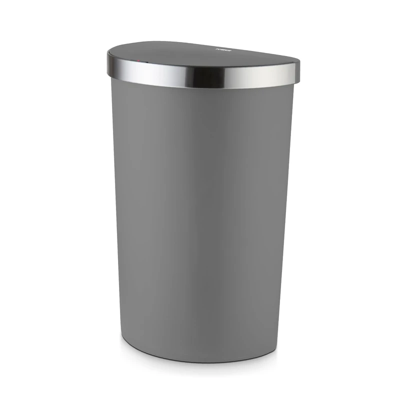 Tower Curved Sensor Bin with Bin Liner Retainer Ring, Durable PP Body, Battery Operated, 50L, Grey with Stainless Steel Trim on Lid