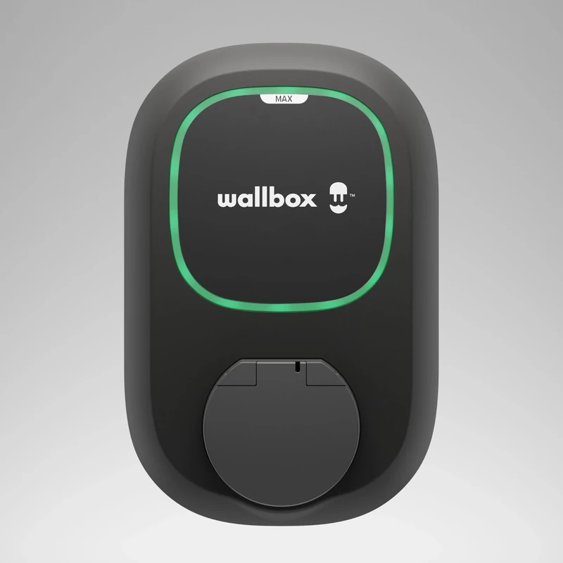 Wallbox Pulsar Max Electric Vehicle Charger, 7.4kW, Type 2, Wi-Fi, Bluetooth, OCPP, Earthing Protection, Socket (with shutter), Easy-to-Install Design, Compatible with Google Home and Alexa, Black.