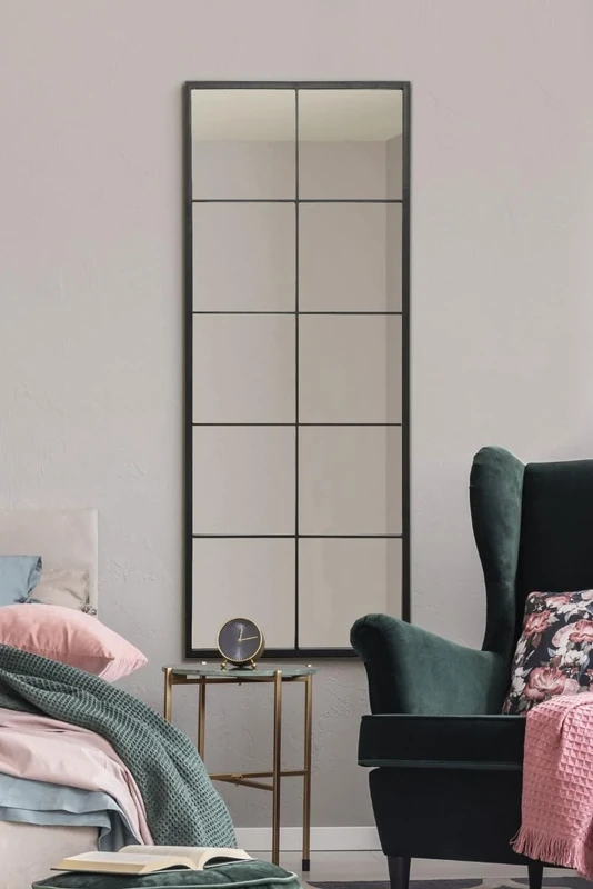 MirrorOutlet The Fenestra - Black Modern Window Full Length Leaner/Wall Mirror 59 x 24 150 x 60cm Silver Mirror Glass with Black Metal Frame.