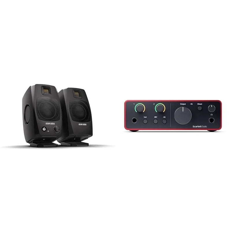 ADAM Audio D3V Active Desktop Monitoring System with USB-C Connection (Pair, Black) + Focusrite Scarlett Solo 4th Gen USB Audio Interface, for the Guitarist, Vocalist, or Producer