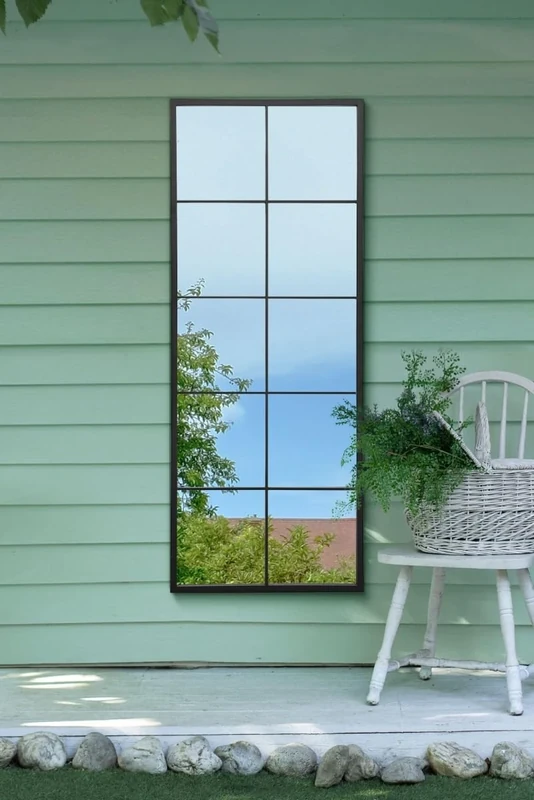 MirrorOutlet The Genestra - Black Modern Window Garden Full Length Wall Mirror 59 x 24 150 x 60cm Silver Mirror Glass with Black Metal Frame.