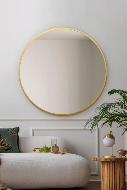 MirrorOutlet The Fenestra - Gold edged Modern Round Circular Wall Mirror 39" X 39" (100CM X 100CM) Silver Mirror Glass with Black Metal Frame