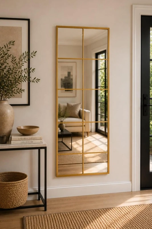 MirrorOutlet The Fenestra - Gold Modern Window Full Length Leaner/Wall Mirror 59 x 24 150 x 60cm Silver Mirror Glass with Black Metal Frame.