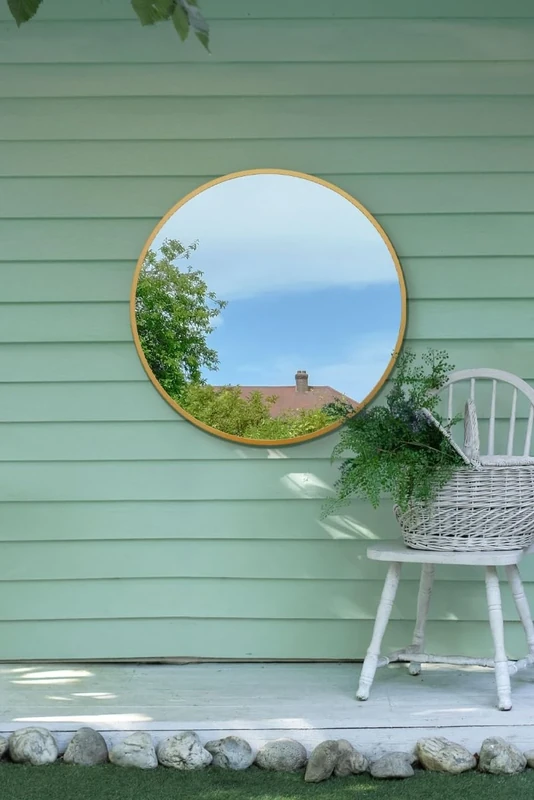 MirrorOutlet The Fenestra - Gold edged Modern Round Circular Garden Wall Mirror 31" X 31" (80CM X 80CM) Silver Mirror Glass with Black Metal Frame